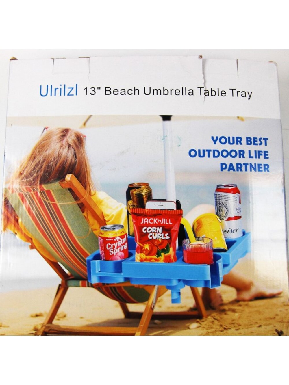 Beach Umbrella Table with 4 Cup Holders Patio, Pool Blue NEW